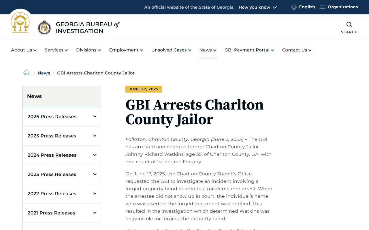 Charlton County inmate records GBI jailor press release
