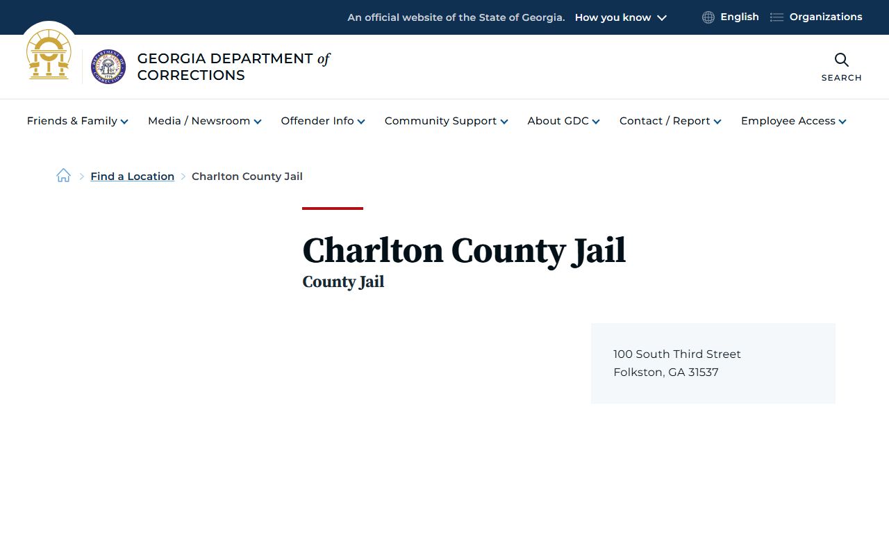 Charlton County inmate records GDC jail location entry