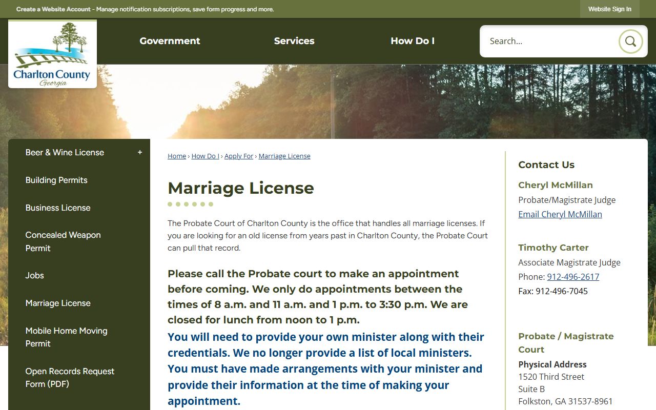 Charlton County marriage records Probate Court license page